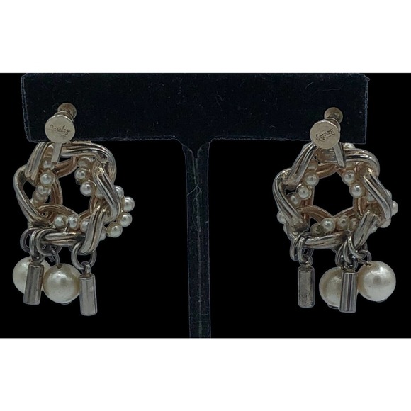 Barclay Pearl Silver tone Dangle Drop Clip On Earrings Mid century Classic - Picture 9 of 11